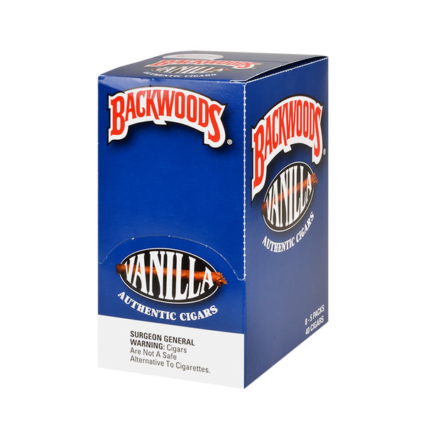 Backwoods Vanilla Cigarillos 8 Packs of 5 Display Box and Individual Resealable Pouch showing natural leaf texture