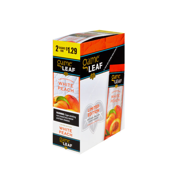 Game Leaf White Peach Cigarillos 15 Pouches of 2 Display Box showing rustic natural leaf packaging