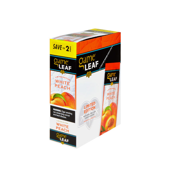 Single Game Leaf White Peach resealable foil pouch containing 2 natural leaf cigarillos