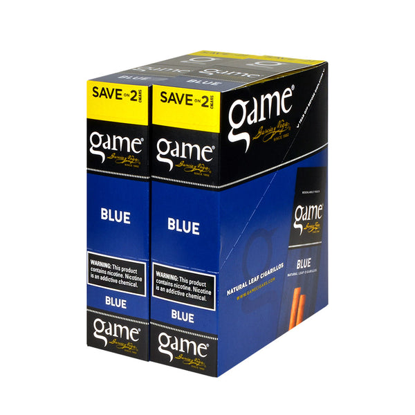 Close-up of Game Blue Foil Pouch showing 2-count natural leaf cigarillos