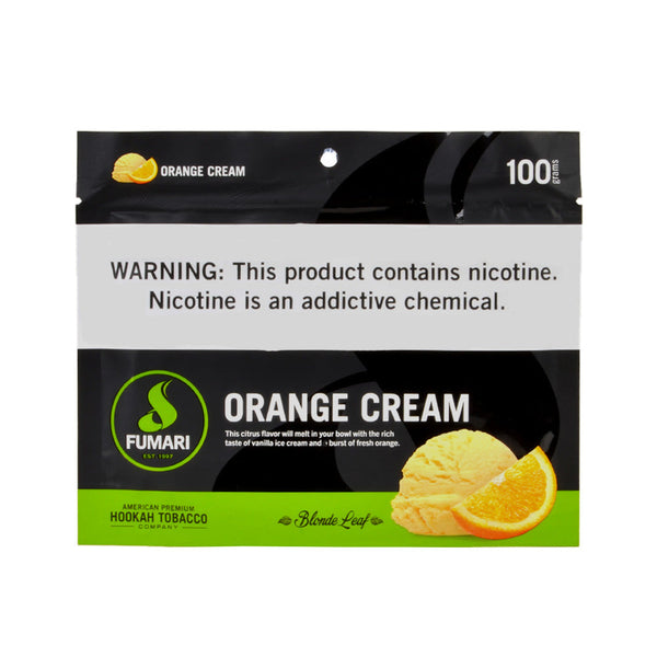 Fumari Orange Cream Hookah Tobacco 100g resealable pouch packaging showing orange creamsicle flavor