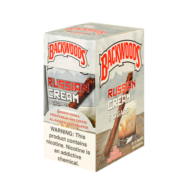 Backwoods Russian Cream Cigarillos 8 Packs of 5 Box Display showing authentic packaging