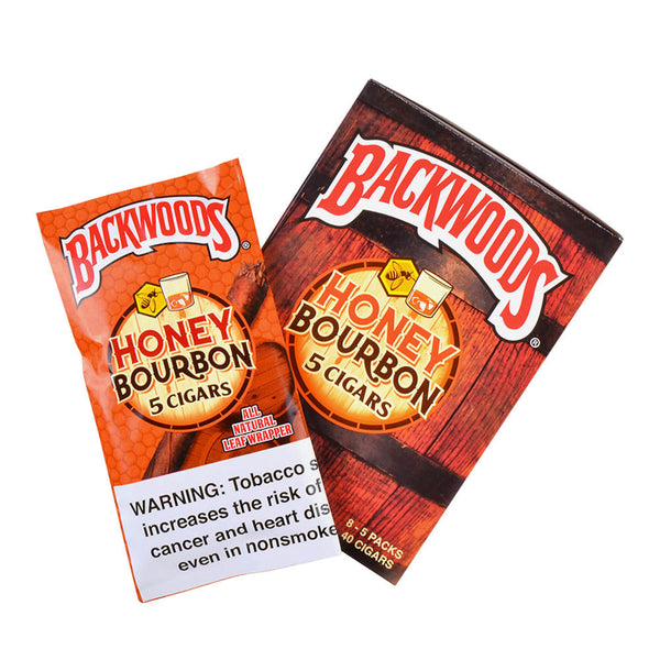 Backwoods Honey Bourbon packaging showing the dark natural broadleaf wrapper