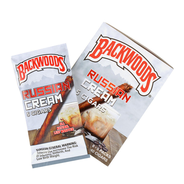 Backwoods Russian Cream 5-Pack Pouch Open Display showing rustic cigarillo texture