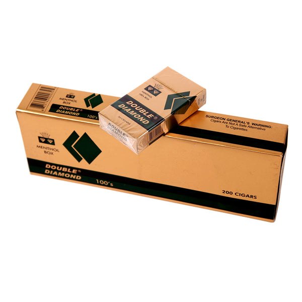 Double Diamond Menthol Filtered Cigars 10 Packs of 20 Carton and Individual Pack showing green branding