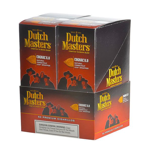Dutch Masters Cigarillos Cognac XO 20 Pouches of 3 Display Box and Foil Packaging showing natural leaf wrapper