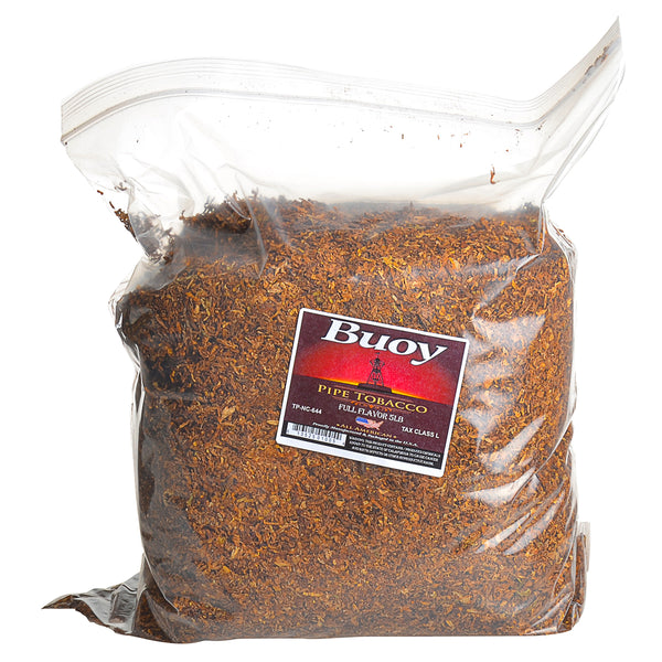 Buoy Full Flavor Pipe Tobacco size comparison featuring 6 oz and 5 lb bulk bag options