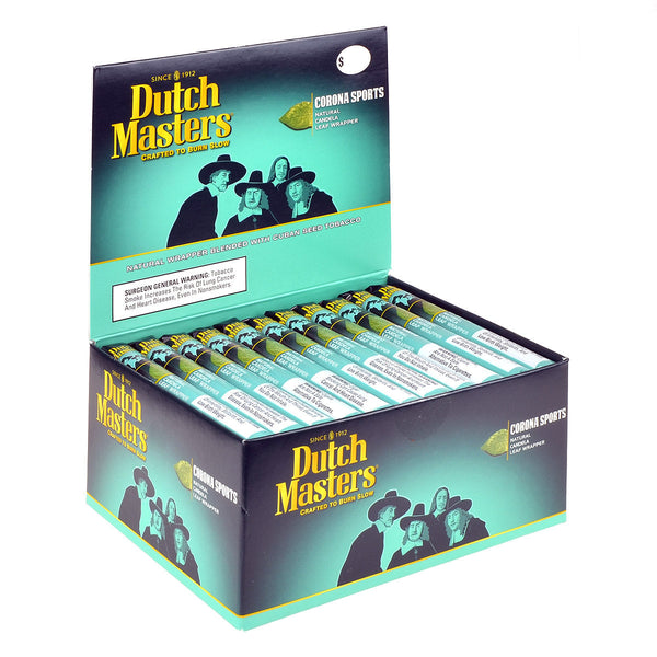 Dutch Masters Corona Sports Box of 55 showing green Candela wrapper and iconic Rembrandt artwork packaging