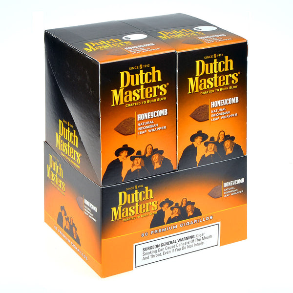 Dutch Masters Honeycomb Cigarillos 20 Pouches of 3 bulk box and individual foil packs showing honey flavor branding