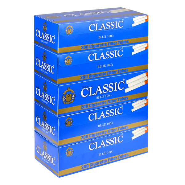 Classic Blue 100mm Filter Tubes 5 Cartons showing individual box and bulk packaging