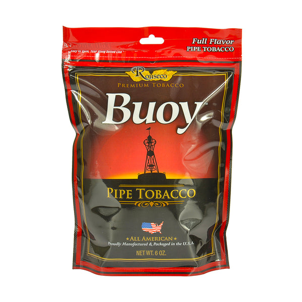 Close up of Buoy Full Flavor Red Blend tobacco packaging and resealable seal details