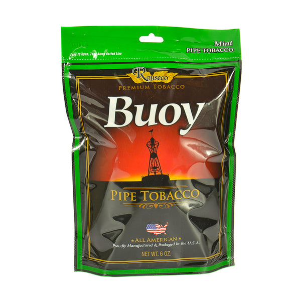 Close-up of Buoy Mint Menthol Pipe Tobacco Packaging Label and Rouseco Branding
