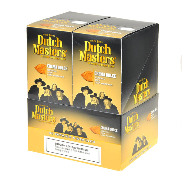 Dutch Masters Cigarillos Crema Dolce 20 Pouches of 3 Box showing natural leaf wrapper and foil packaging