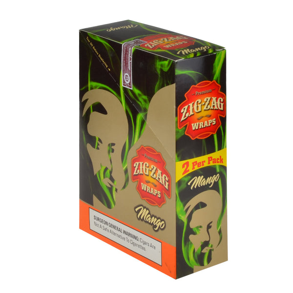 Zig Zag Wraps Premium Mango 25 Packs of 2 Box and Individual Foil Pouches showing tropical packaging