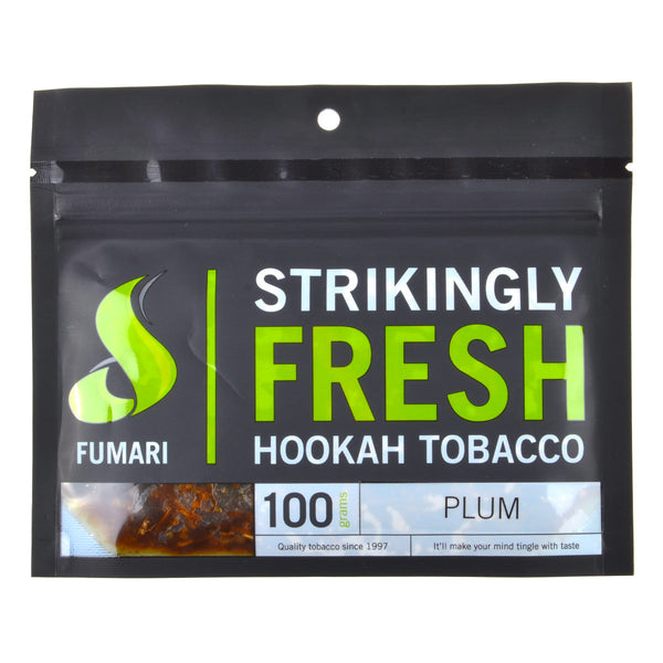 Fumari Plum Hookah Tobacco 100g resealable pouch showing premium blonde leaf shisha texture