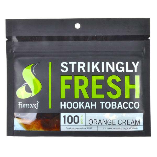 Close-up of Fumari Orange Cream 100g shisha tobacco bag with premium blonde leaf tobacco label