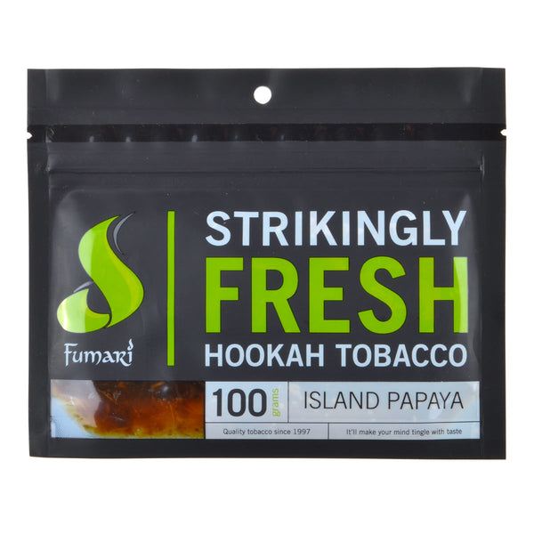 Close-up of Fumari Island Papaya Shisha Tobacco Texture and Packaging