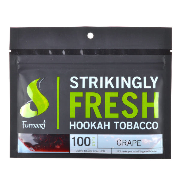 Close-up of Fumari Purple Grape 100g shisha packaging showing the premium blonde leaf tobacco seal