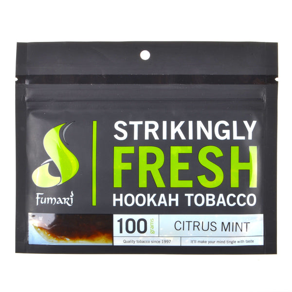 Close-up of Fumari Citrus Mint Shisha Tobacco 100g Bag showing brand logo