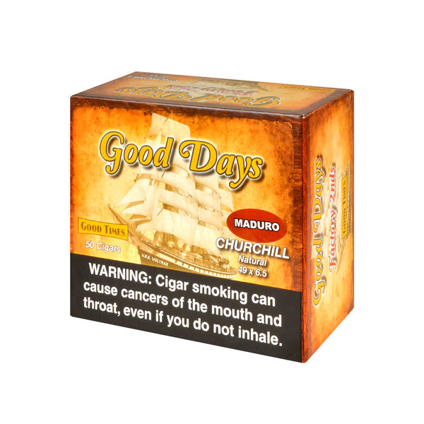 Good Days Factory Rejects Churchill Maduro Cigars Box of 50 - Front View of Packaging