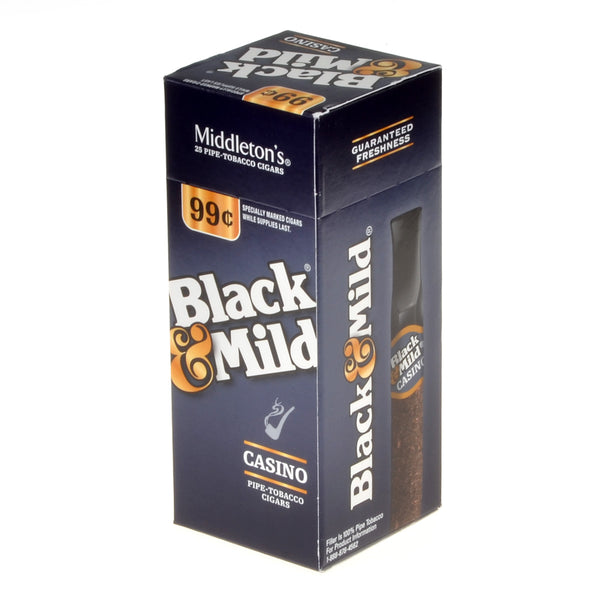 Black & Mild Casino 25 count upright display box with individual plastic tip wrappers